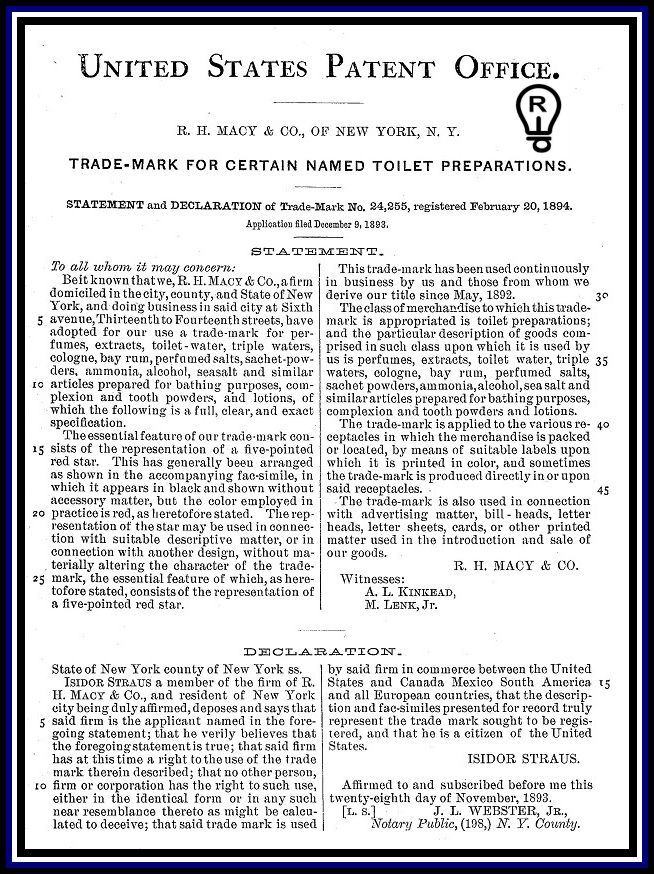 Patent document from the U.S. Patent Office; trademark for toilet preparations by R. H. Hoyt & Co.