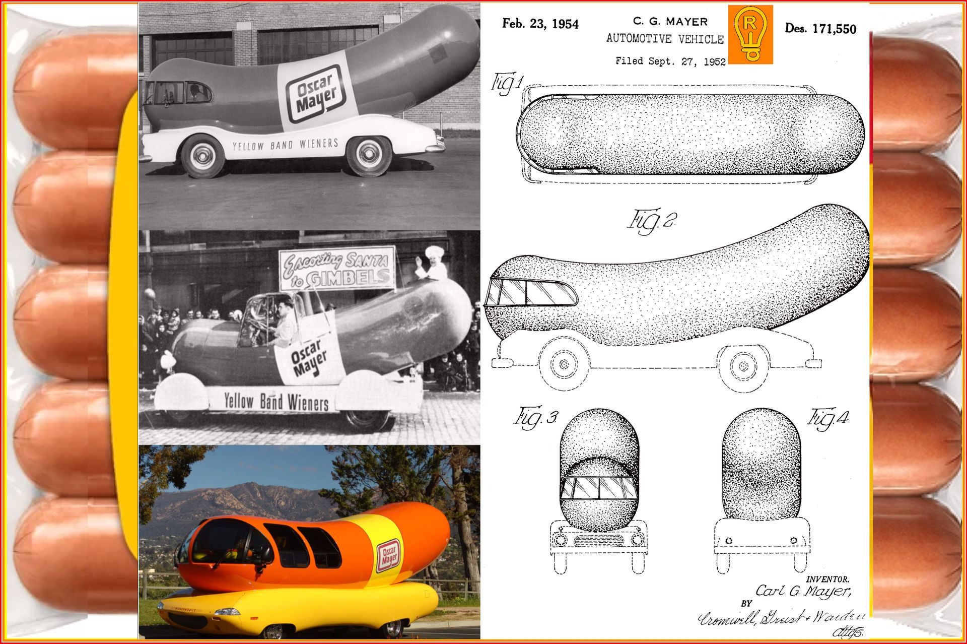 Hot dog-shaped vehicle evolution: vintage photos, blueprints, and modern version, all with a hot dog design.