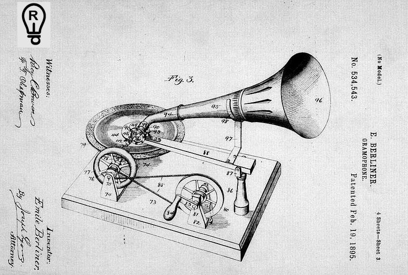 Patent drawing of Emil Berliner's gramophone, featuring a large horn and circular record.