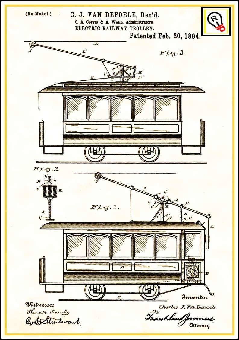 Diagram of an electric streetcar patent showing side views of the car with overhead electrical connections, dated Feb 20, 1884.