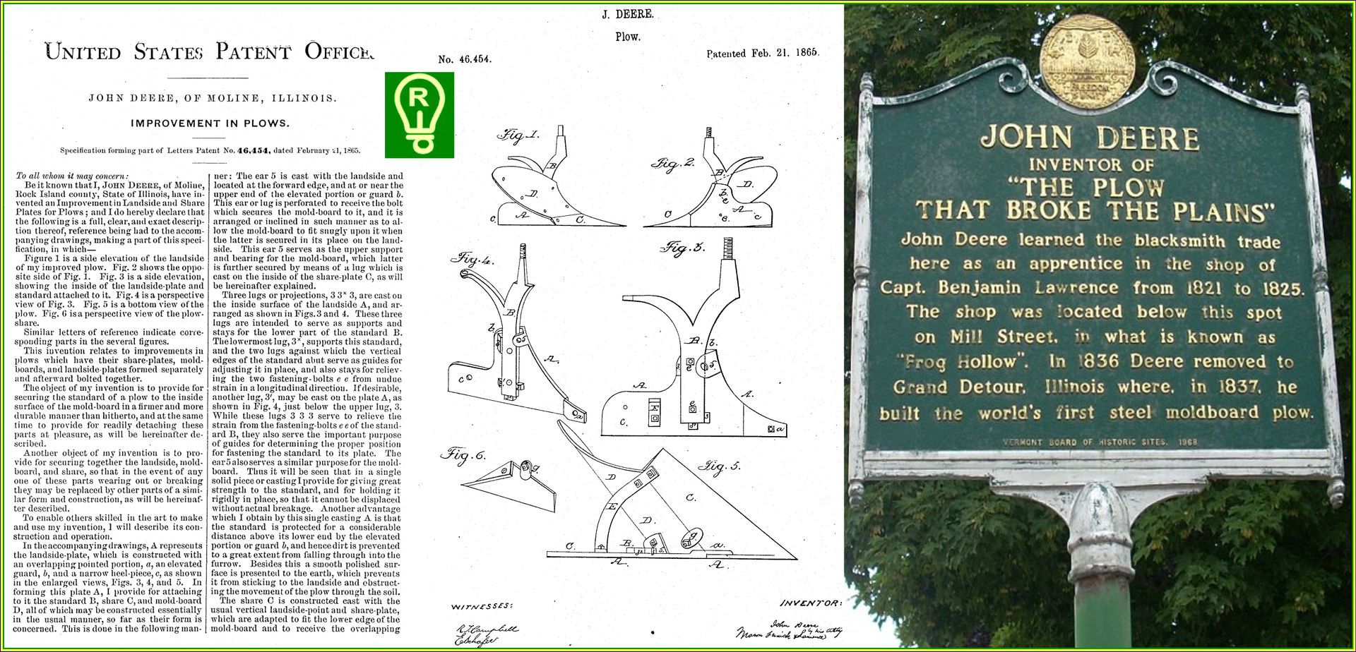 Patent and historical sign for John Deere's plow.