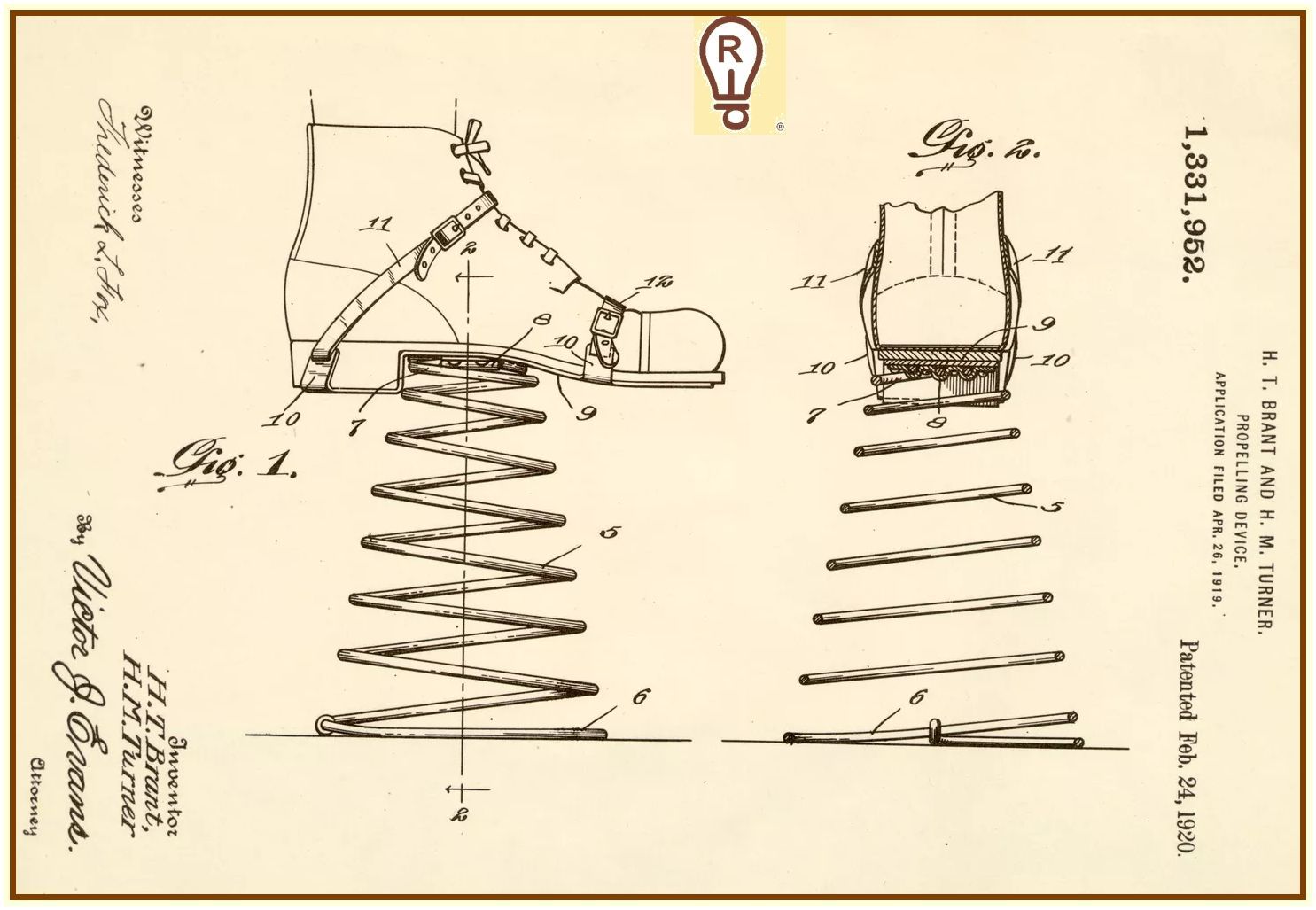 Patent drawing of a boot with a spring for shock absorption. Side and front views shown.