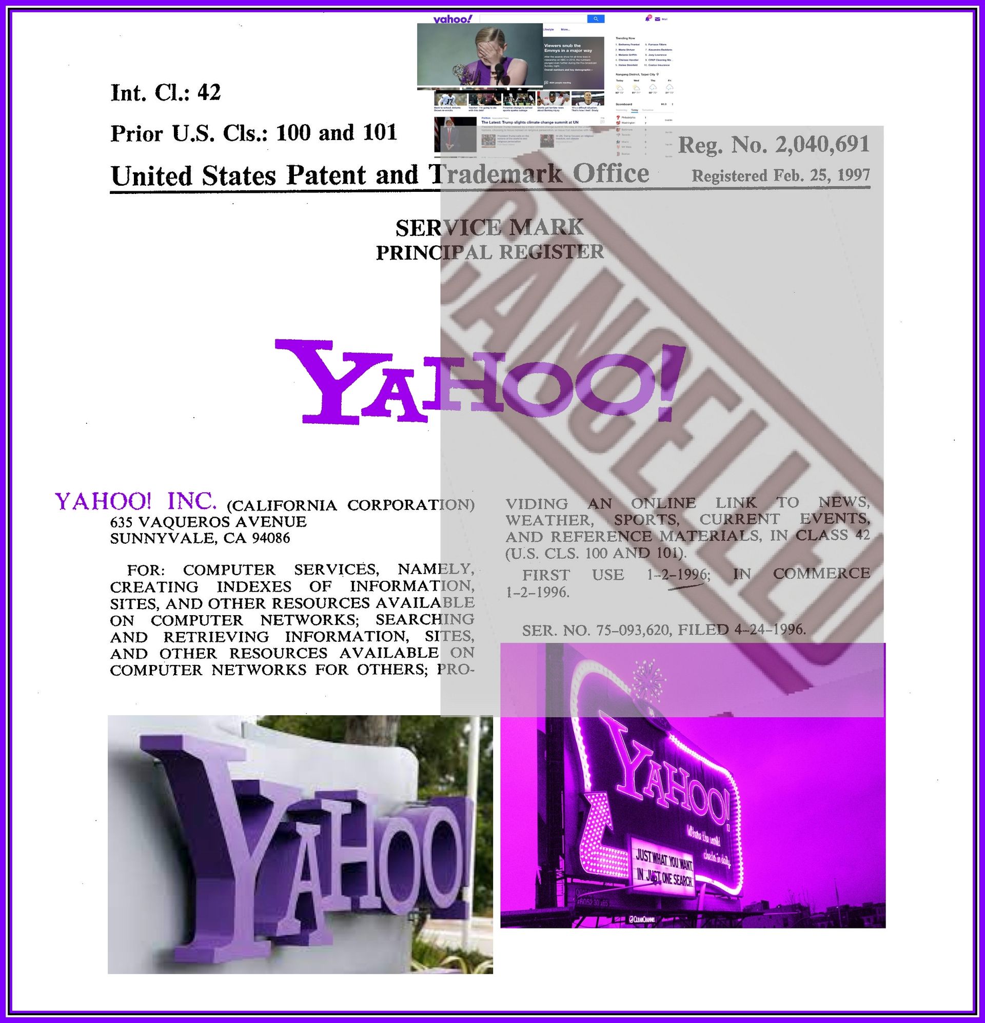 Yahoo! trademark registration document with Yahoo! logo and sign images.