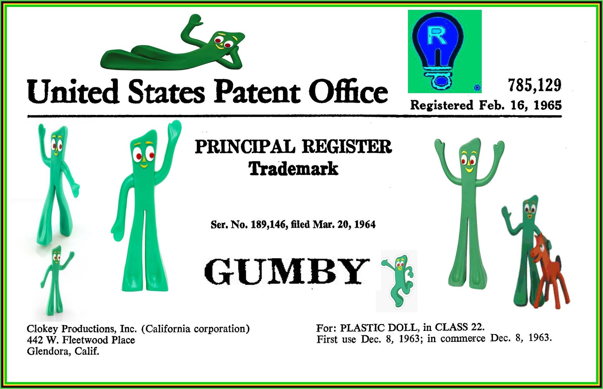 Gumby trademark certificate, green figures, U.S. Patent Office.