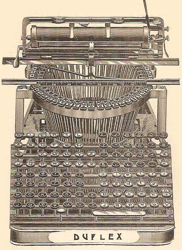 An antique Duplex typewriter, a mechanical device used for writing, in a detailed black-and-white illustration.