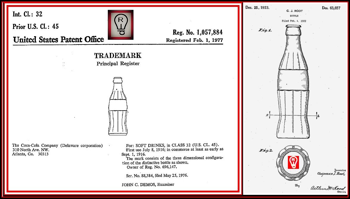 Coca-Cola bottle trademark document. A bottle sketch on a page with text, patent information, and a small logo.