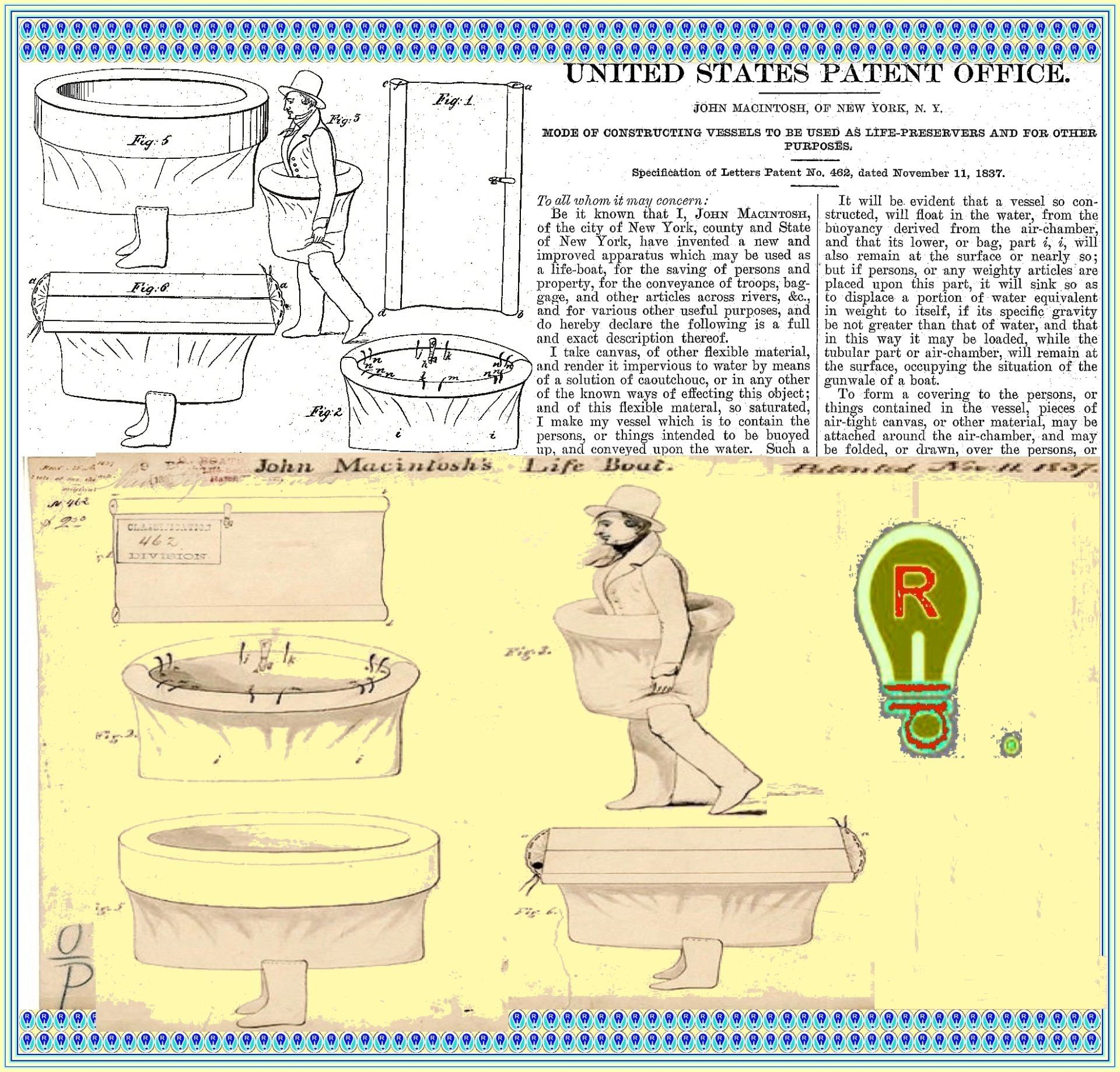 Patent drawing of a life-saving apparatus with sketches and text from the U.S. Patent Office.