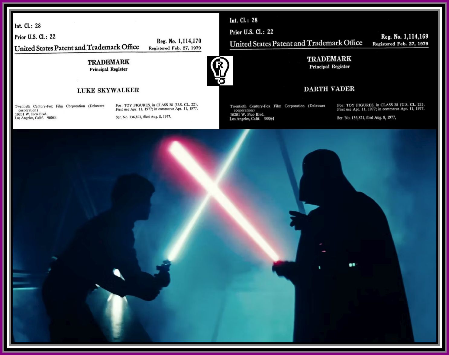 Lightsaber duel between Darth Vader and Luke Skywalker. Trademark documents are above them.