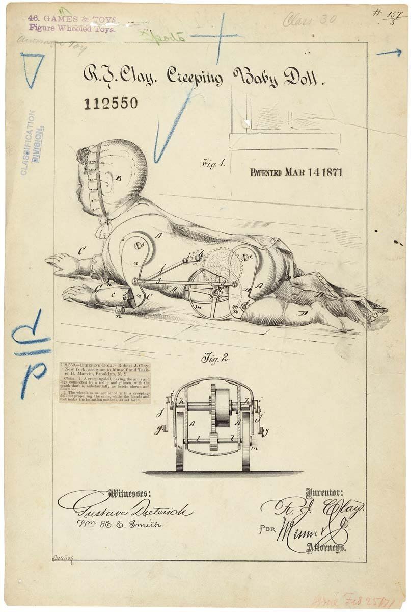 Patent drawing of a baby-shaped engine, labeled