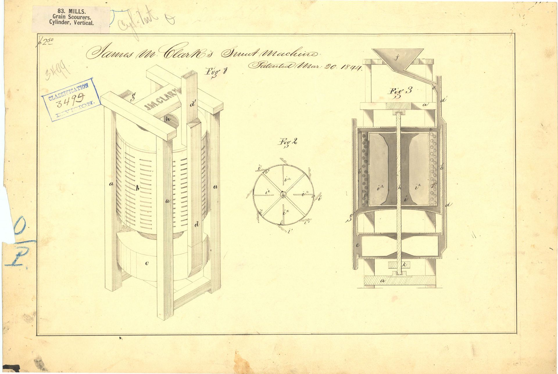 Diagram of a wooden machine, likely a sorting device, with side, top, and front views, labeled