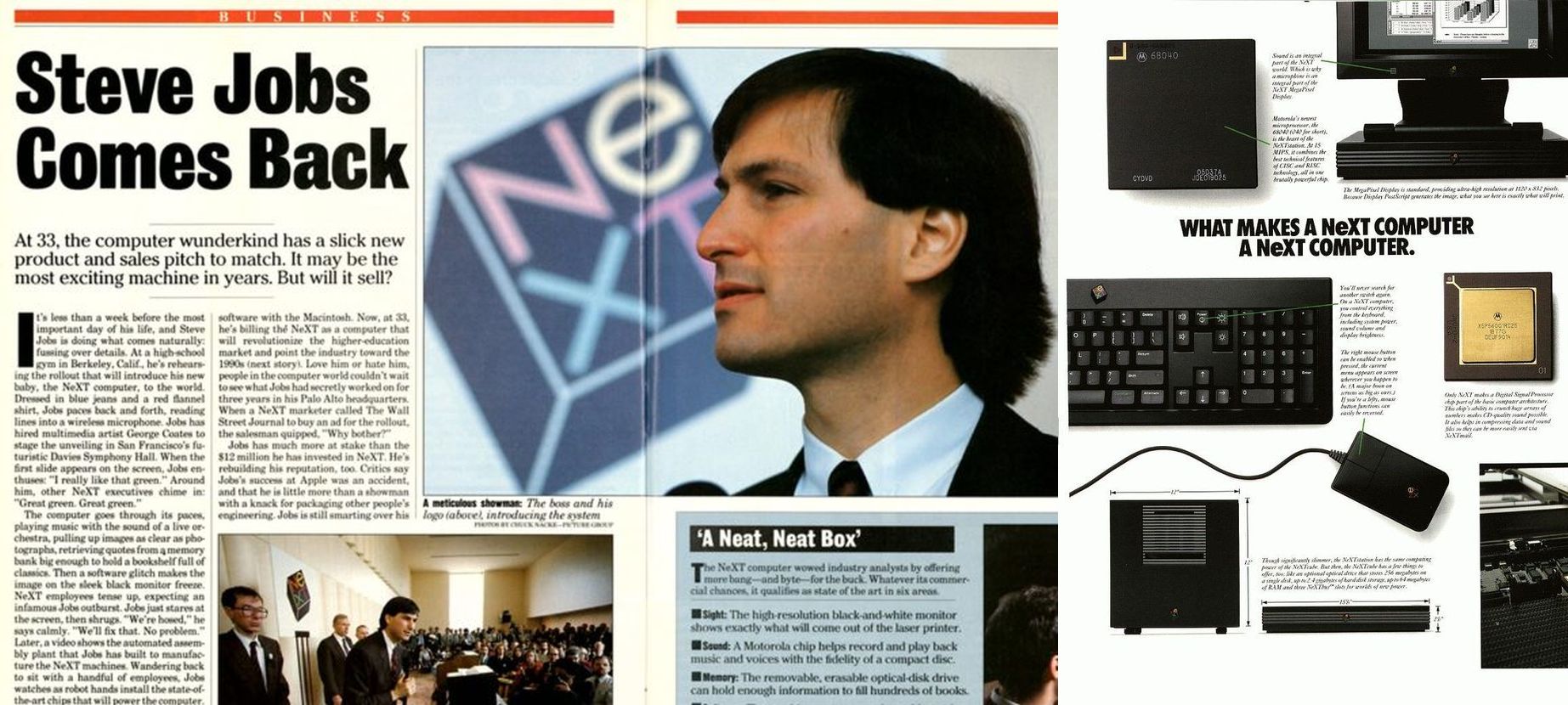 Steve Jobs, in a suit, giving a speech. Newspaper article titled