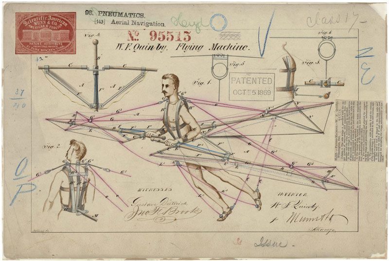 Patent illustration of a man wearing a flying machine, with diagrams, annotations, and a stamp.