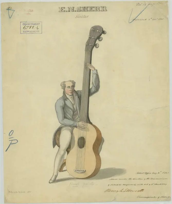 Man sitting with a giant guitar. He is holding the instrument. Watercolor drawing.