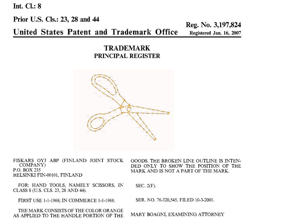 Trademark document with a scissors outline, registered in the US.