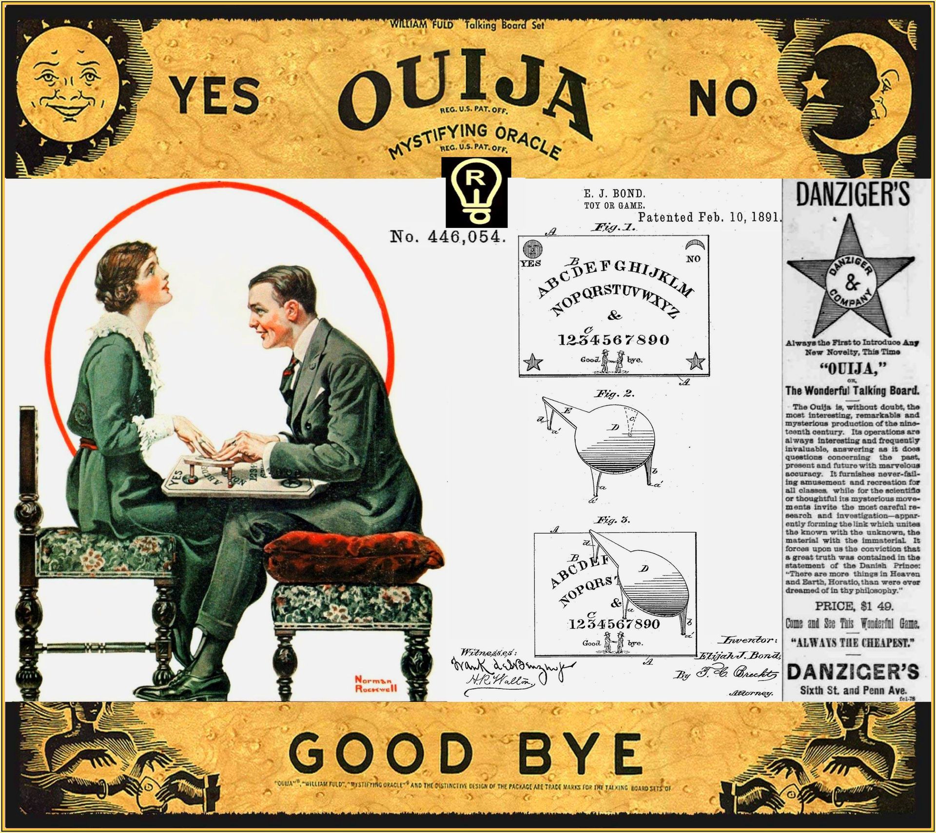 Vintage Ouija board with a couple using it, illustrations, sun and moon, and text.
