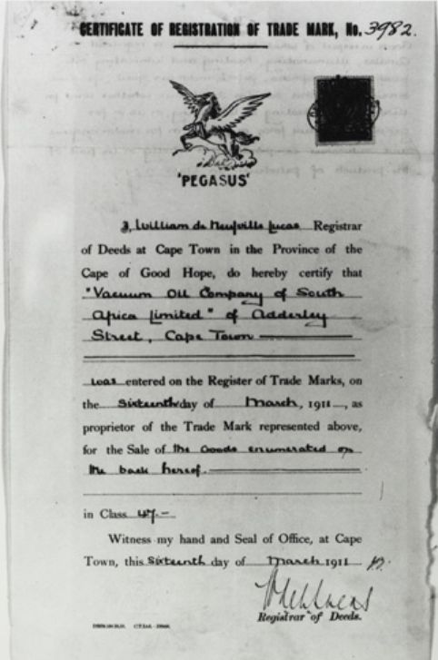 Certificate of trade mark registration from Cape Town, South Africa, featuring Pegasus, and dated 1911.