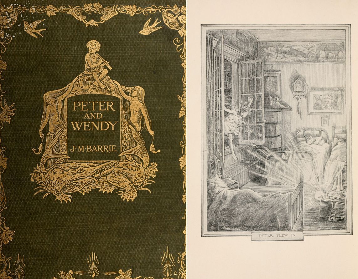 Book cover and illustration from Peter and Wendy. Green cover with gold text. A sketch depicts a bedroom interior.