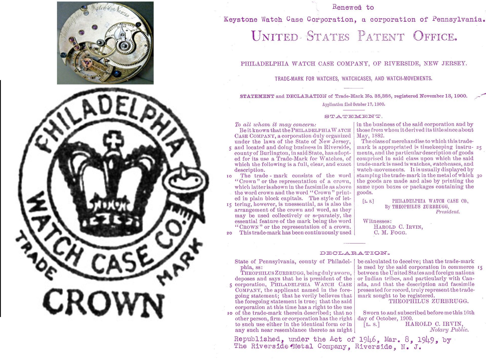 Philadelphia Watch Co. trade mark with crown, watch movement, and patent document.