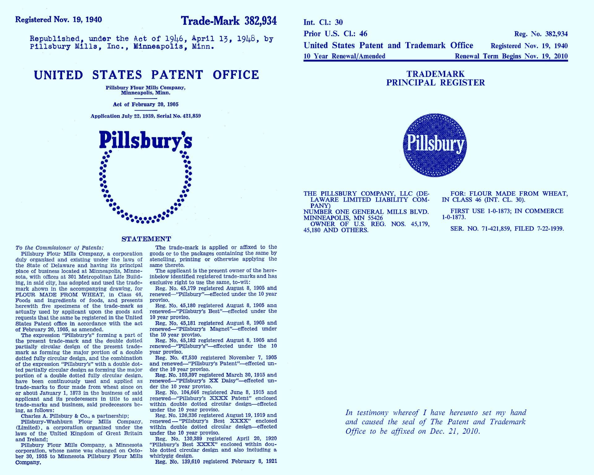 Pillsbury trade mark patent. Text and Pillsbury logo. United States Patent Office document.