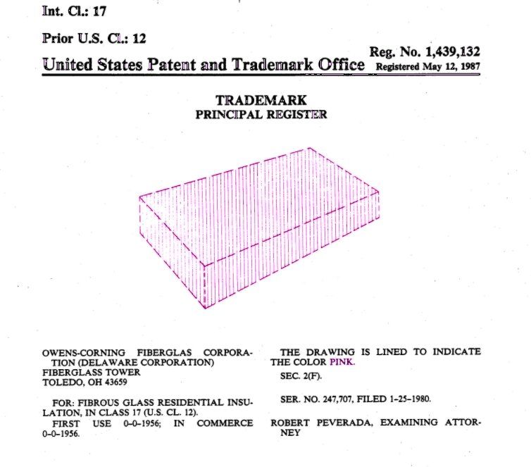 Trademark registration document for pink fiberglass insulation, registered May 12, 1987.