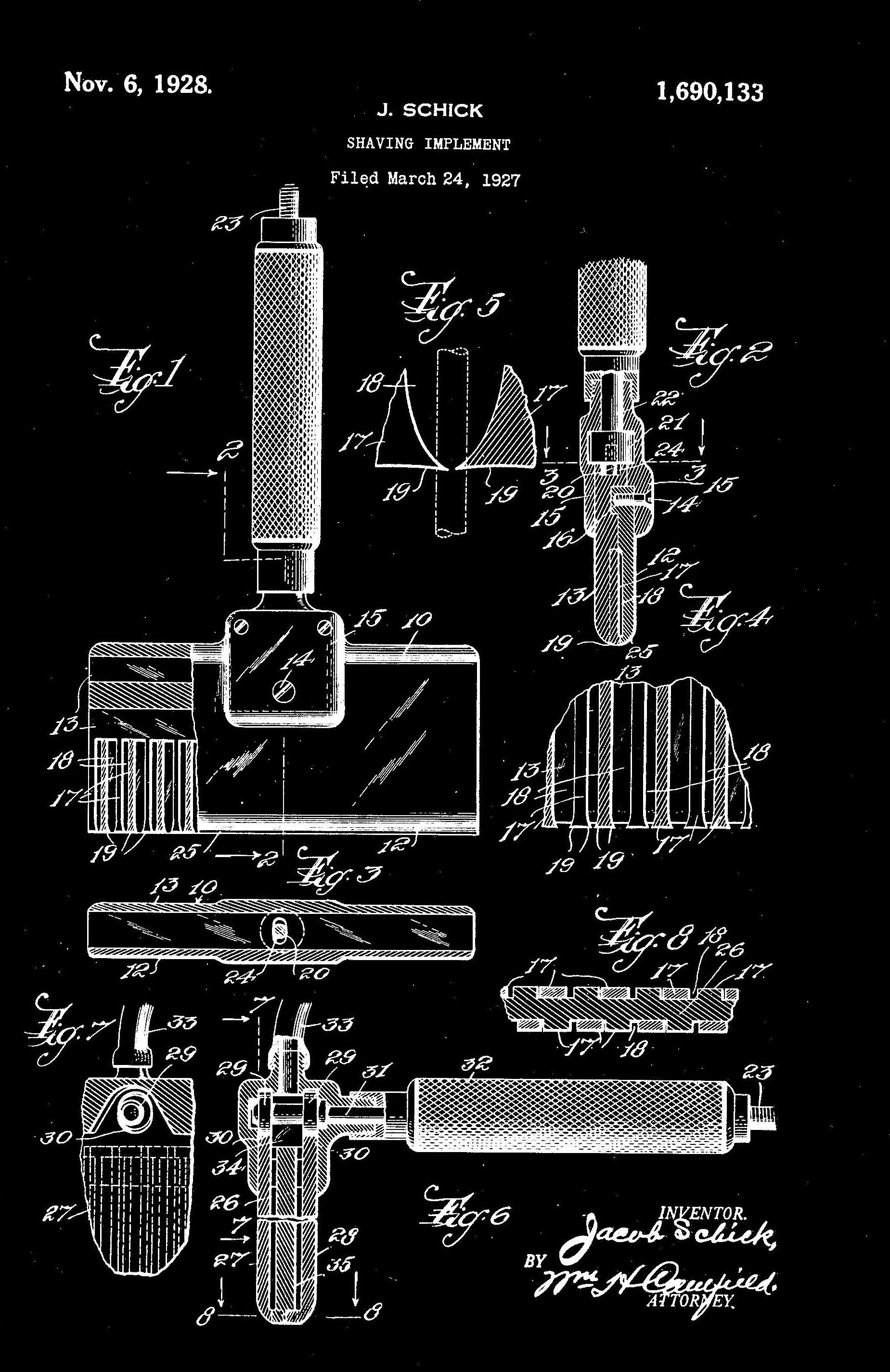 Patent drawing of a pen, showing various views and components.