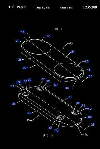 Patent illustration of a connecting plate with two holes, in isometric view.