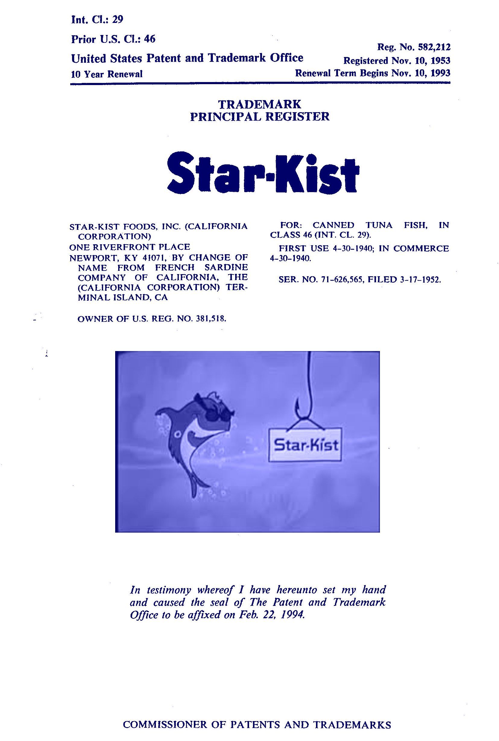 Star-Kist tuna advertisement with cartoon fish reaching for a Star-Kist can hooked on a fishing line. Blue tones.