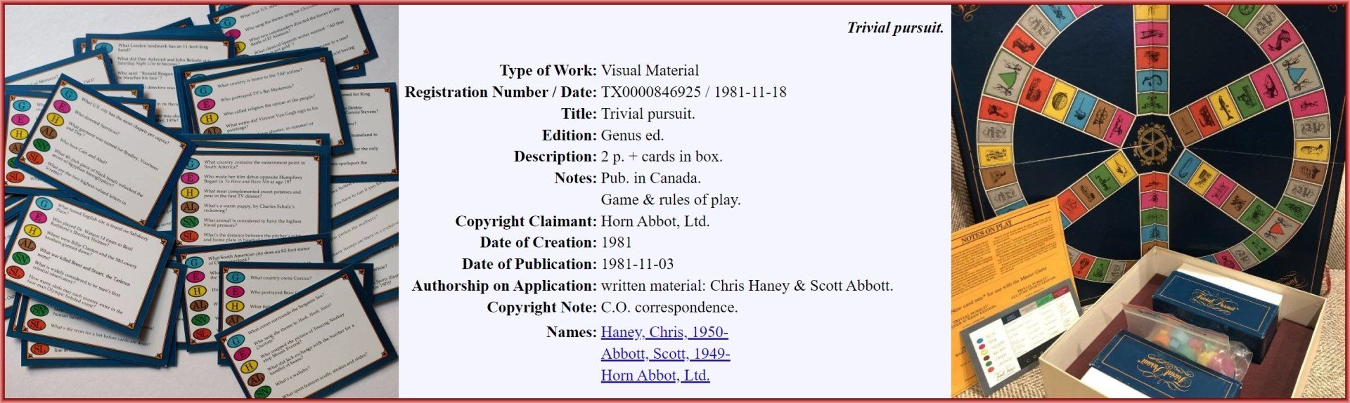 Pile of cards with text, a document, and Trivial Pursuit game board.