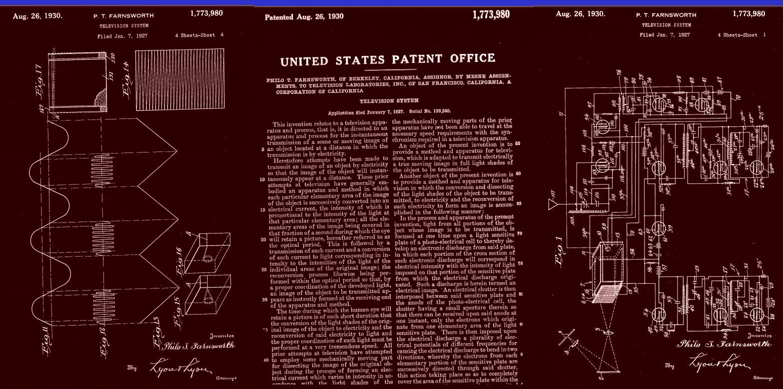 Patent document with diagrams and dense text on a dark red background.
