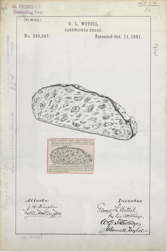 Patent illustration of a cross-section of a sandwich loaf, by S.L. Withel, dated Oct. 11, 1881.