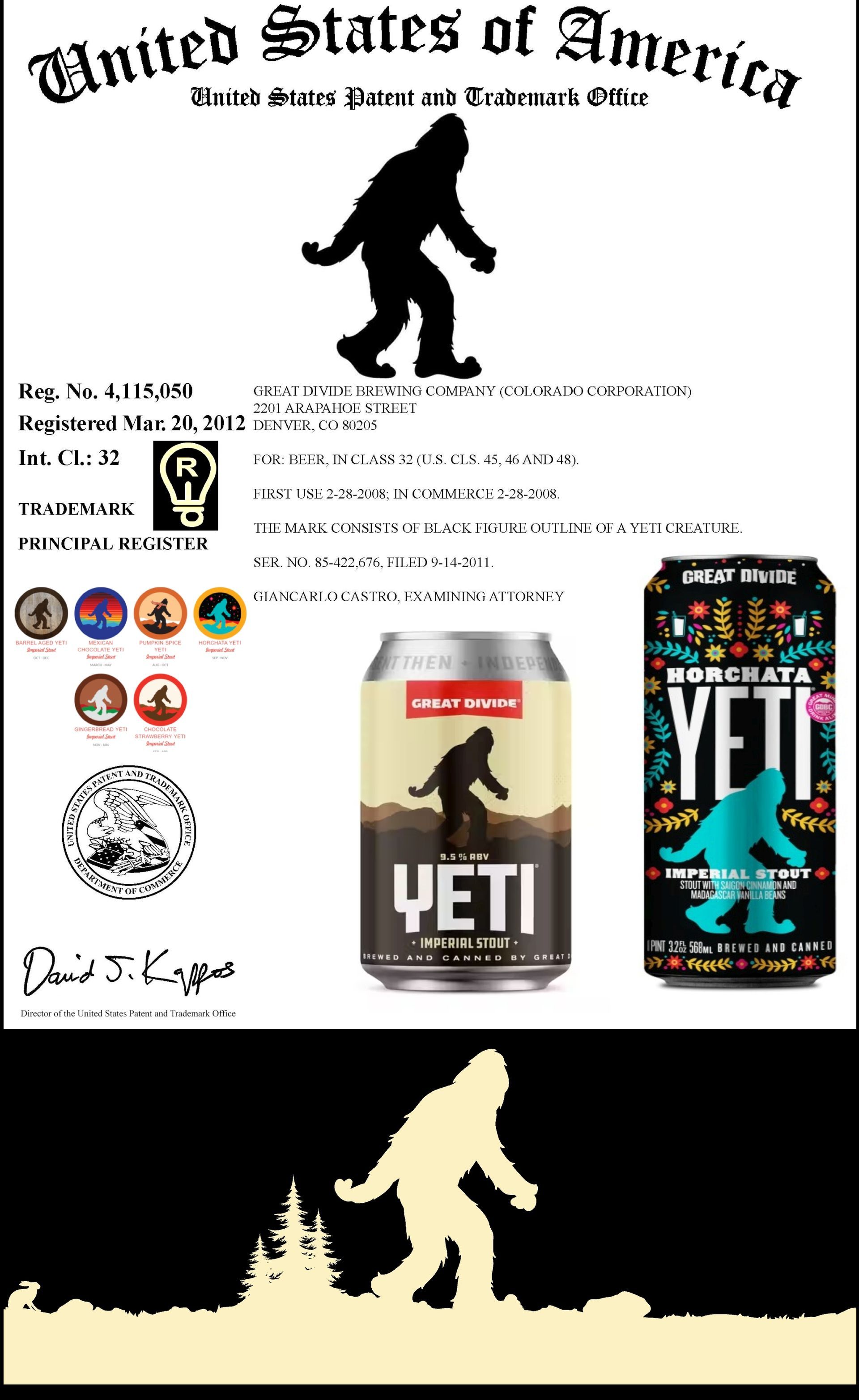 Patent document featuring Bigfoot silhouette, beer cans with