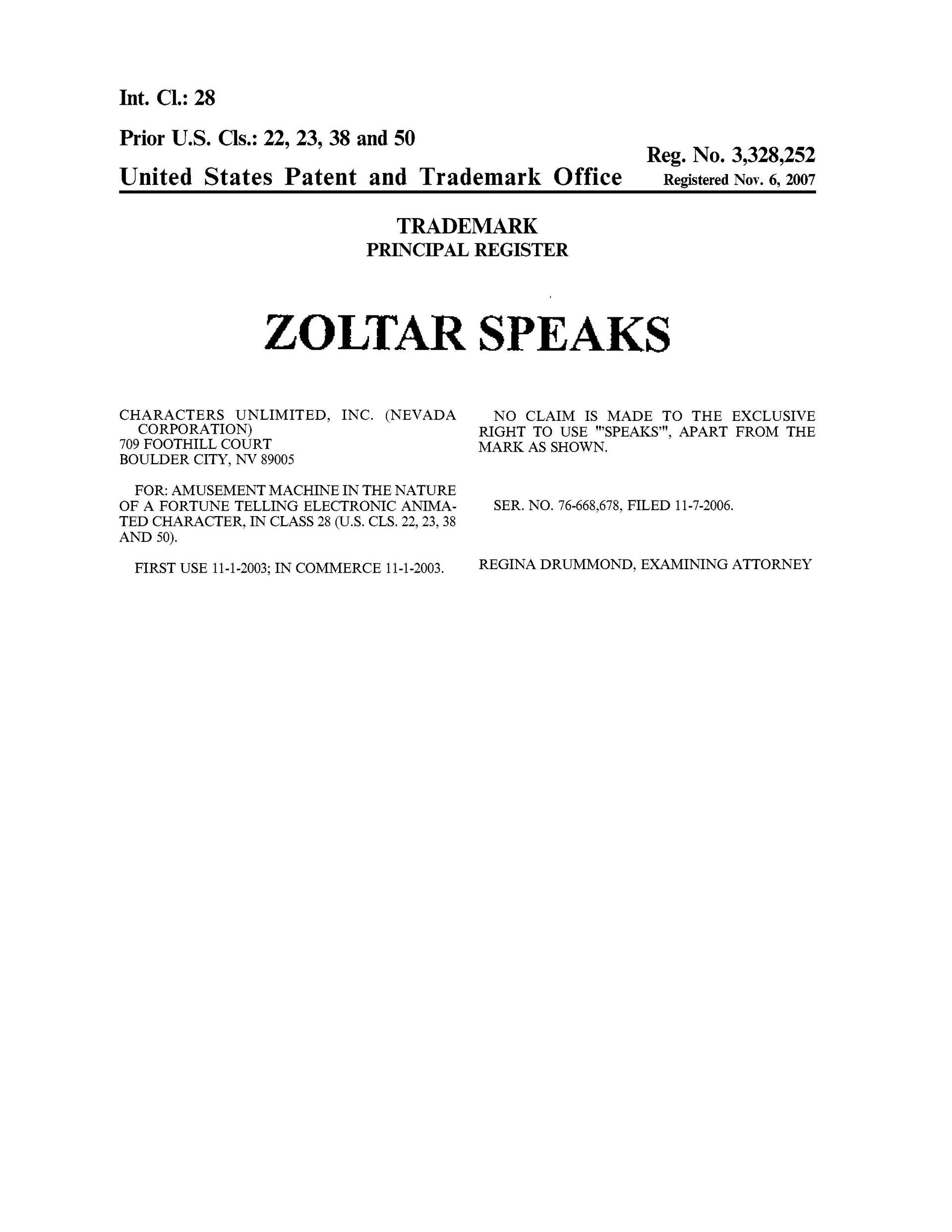 Zoltar Speaks document, patent information at the top, and text about the Zoltar machine's operation.