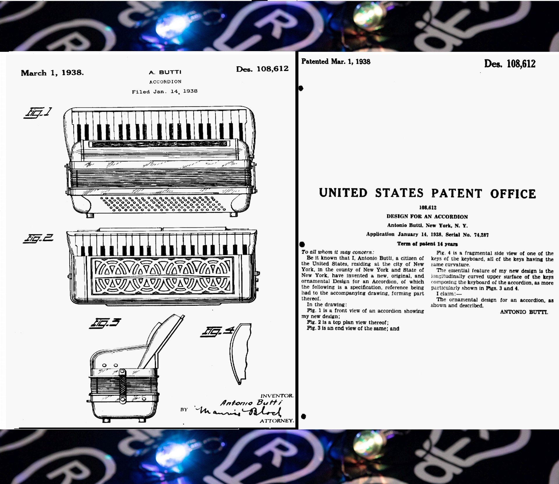 Patent diagrams of an accordion; black and white blueprints with accompanying text from the United States Patent Office.