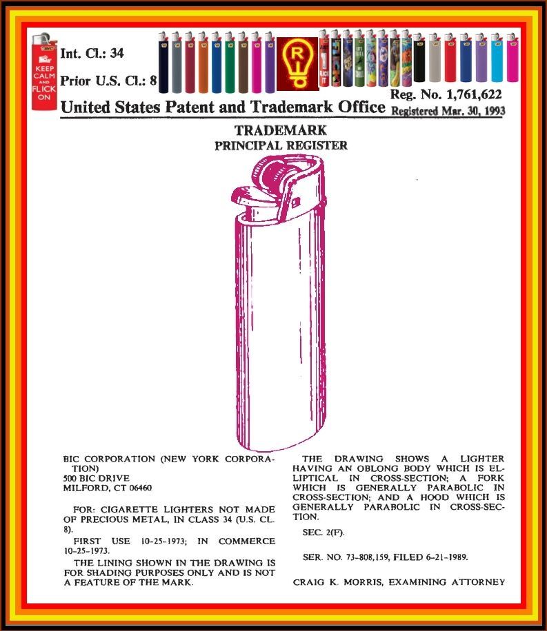 Trademark registration document for a lighter, featuring a line drawing, with a yellow border.