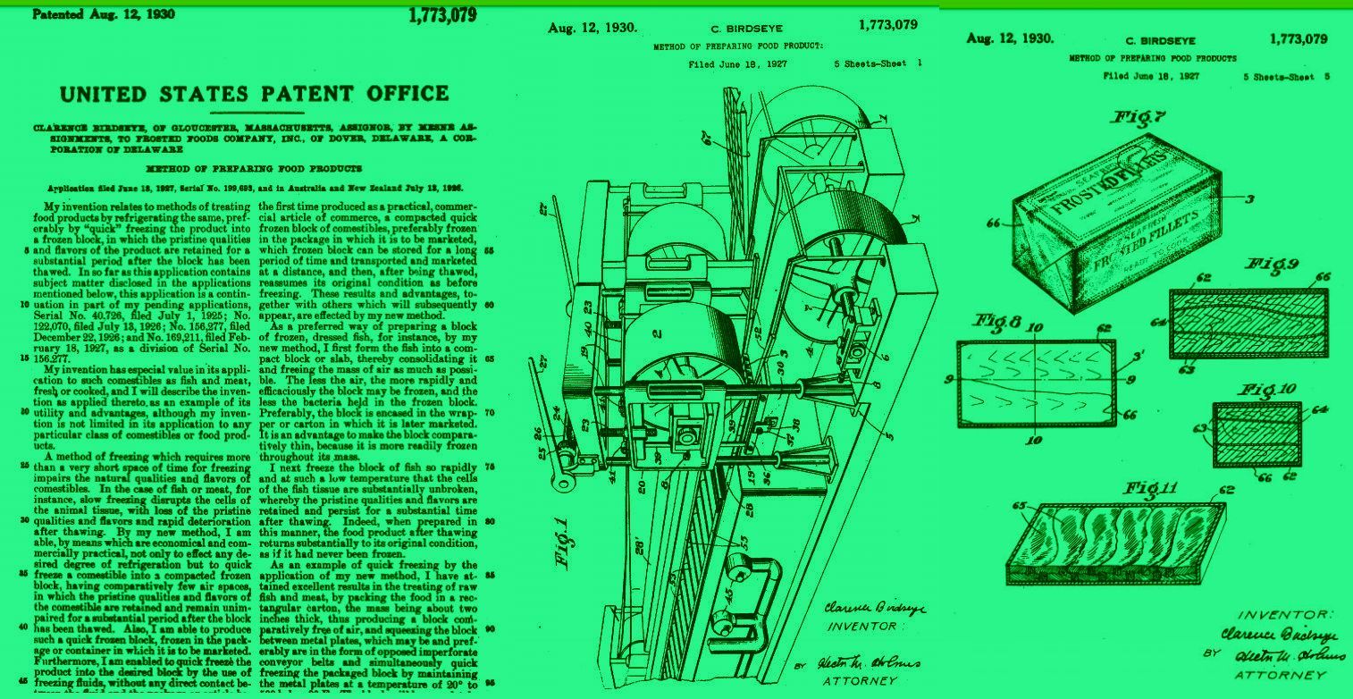 Patent document with text and technical drawings of a machine, green and white.