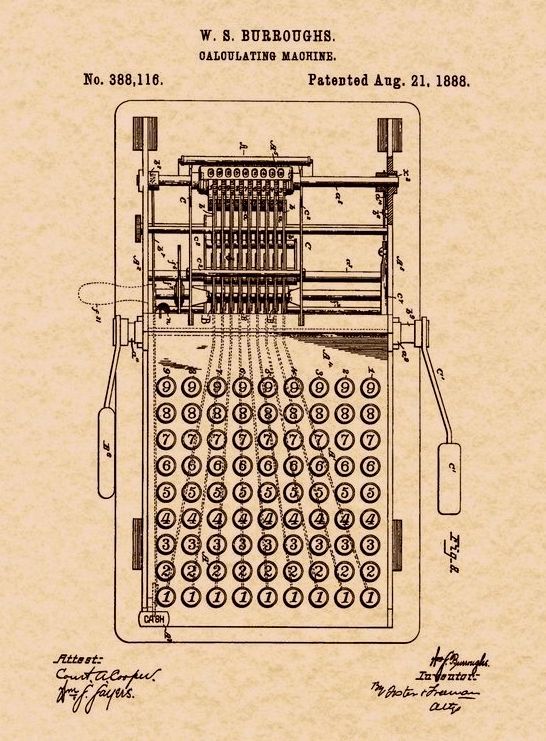 Patent drawing of a mechanical calculating machine with numbered keys.