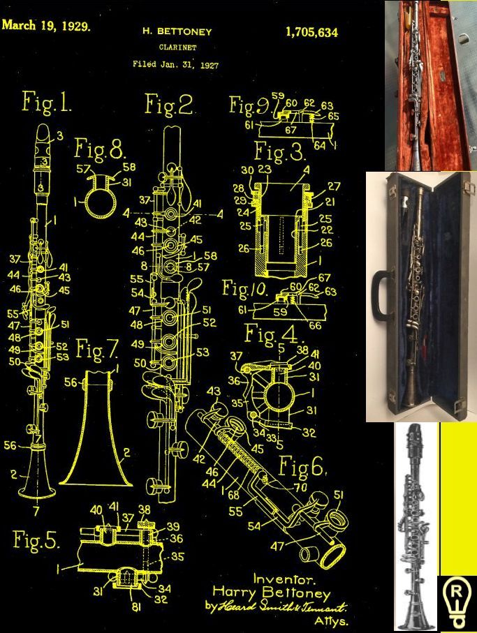 Diagram of a clarinet patent, with various figures and an actual clarinet in a case.