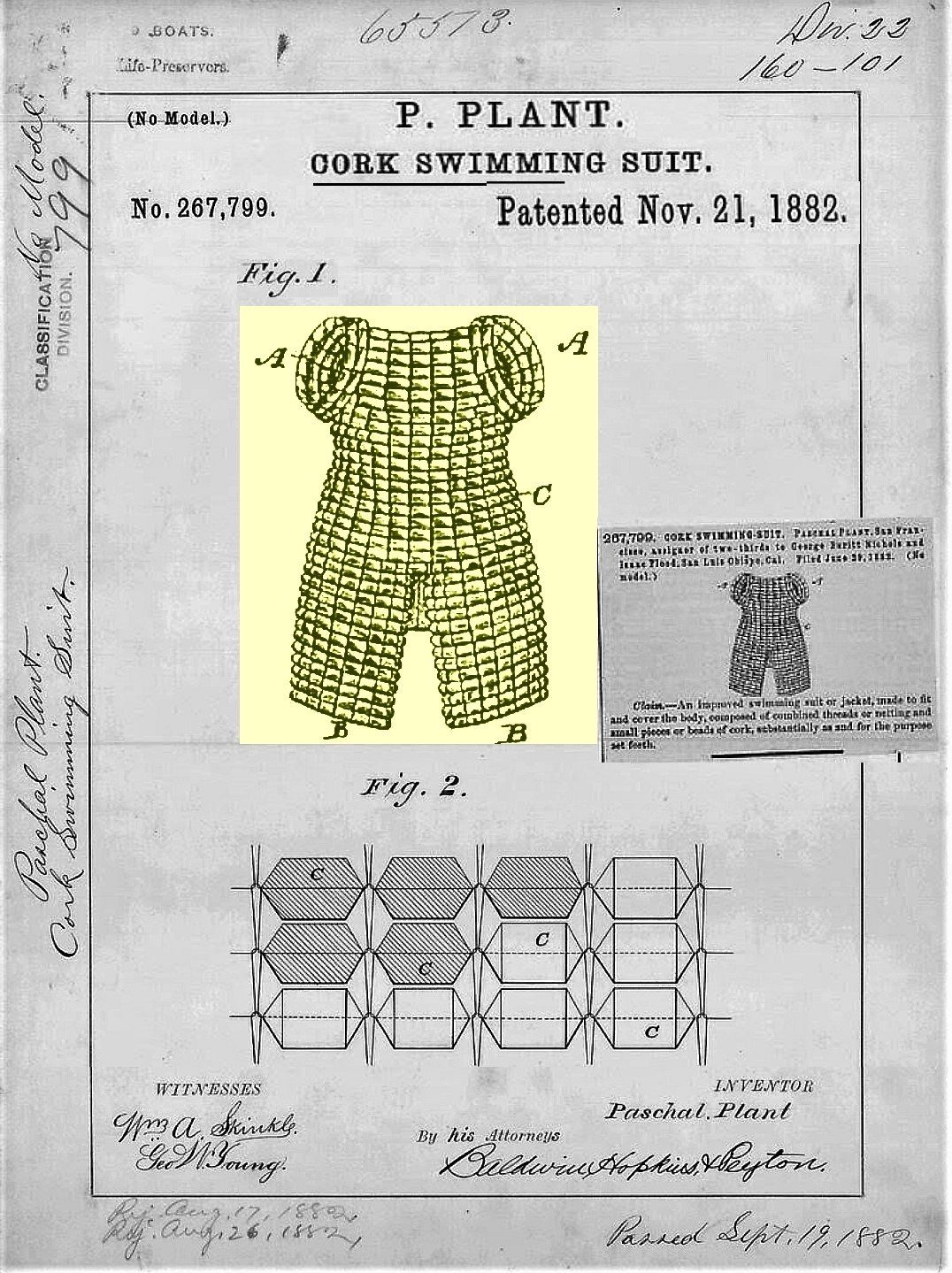 Patent illustration for a cork swimming suit. The suit is a one-piece with short sleeves and legs.