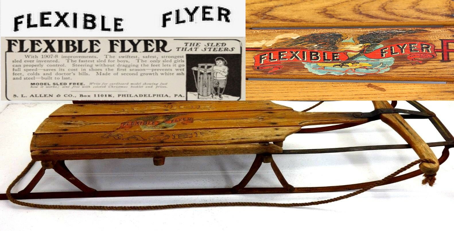 Vintage Flexible Flyer sled with wooden planks, metal runners, and branding details.
