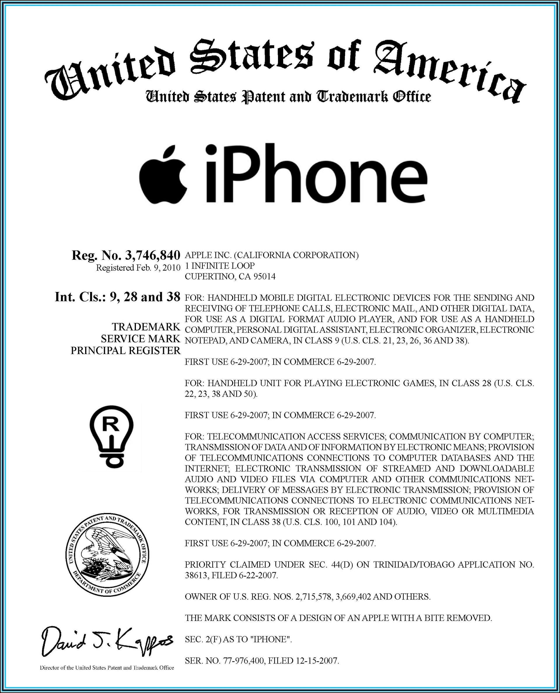 Trademark registration certificate for