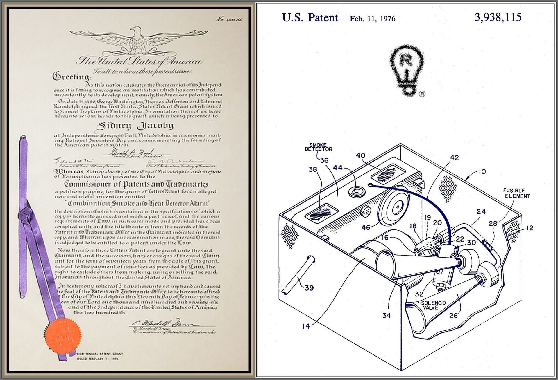 Patent certificate and a technical diagram of a camera.