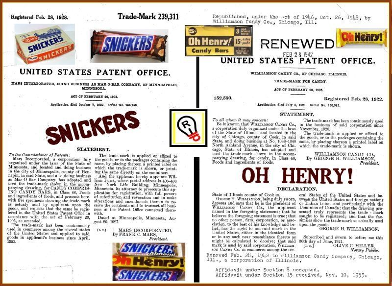Patent documents for Snickers and Oh Henry! candy bars, with logos and trademark info.