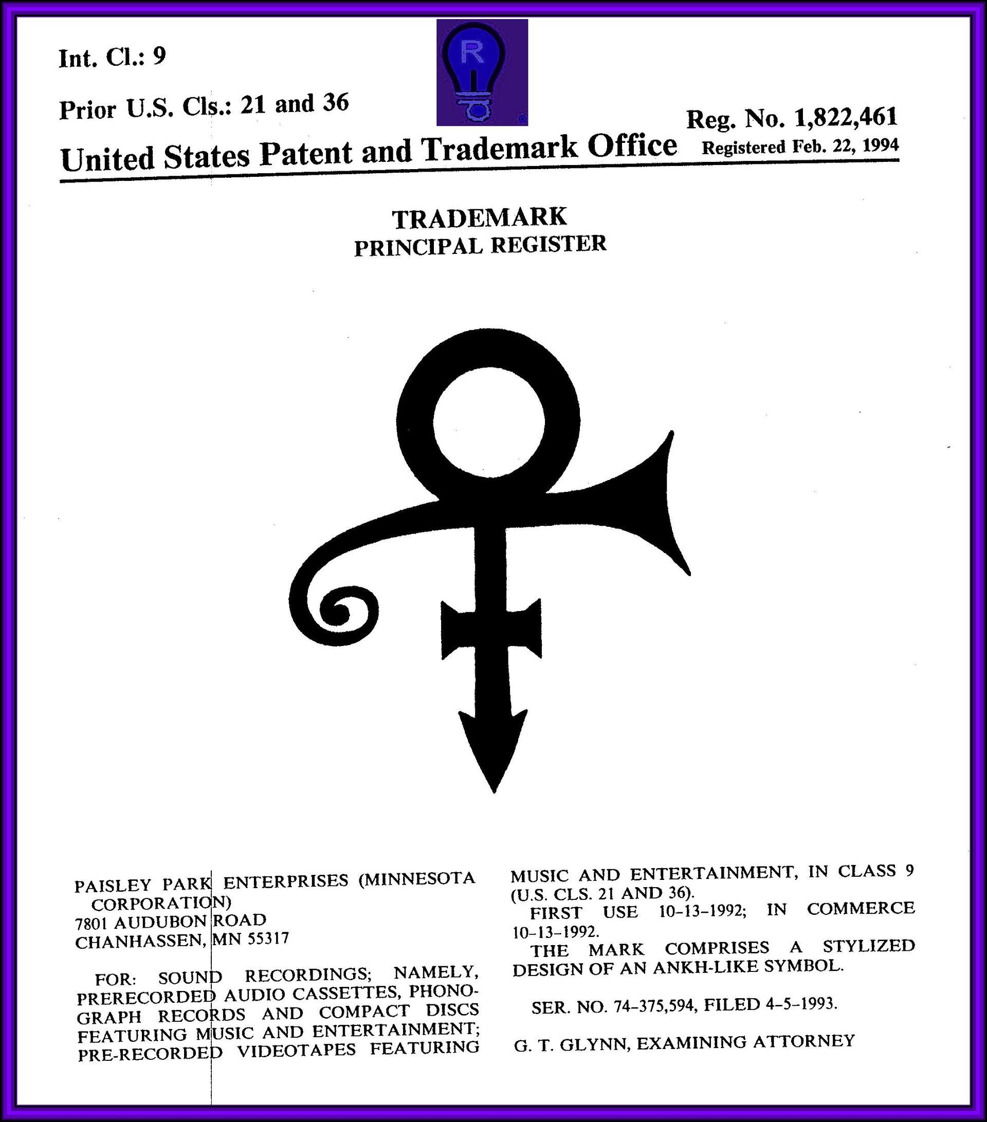 Trademark registration document for Prince's love symbol, featuring the stylized symbol centered on the page.
