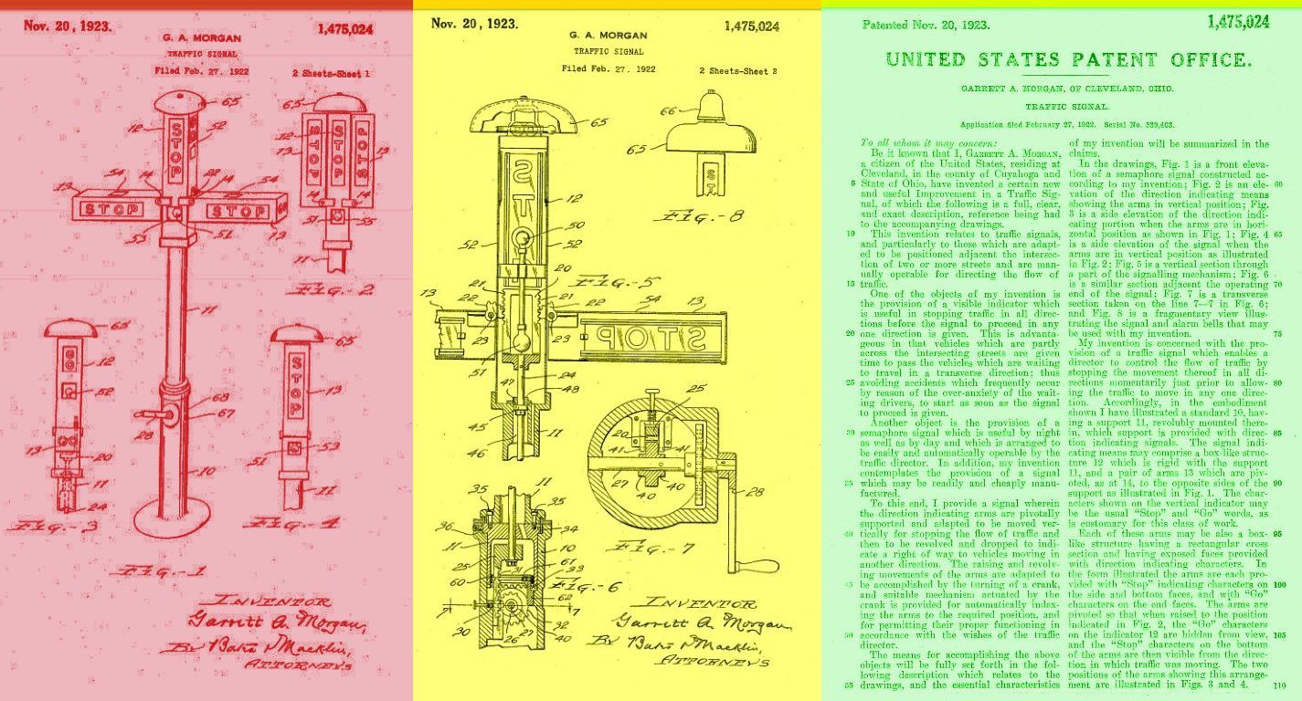 Three patent documents: red with diagram of a device, yellow with detailed diagrams, and green with dense text.