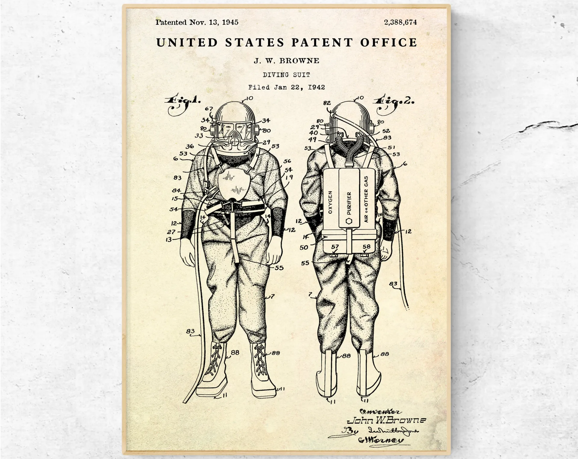Patent drawing of a vintage diving suit, showing front and back views in black ink on aged paper.