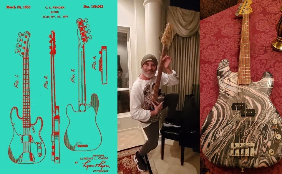 Bass guitar patent, man posing with bass, and bass guitar with swirl design.