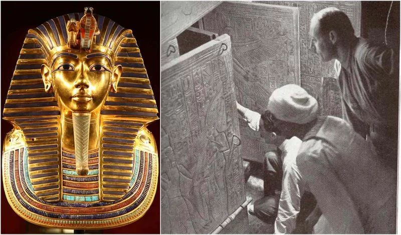 Left: Golden mask of Tutankhamun. Right: Men examining hieroglyphs in a tomb.