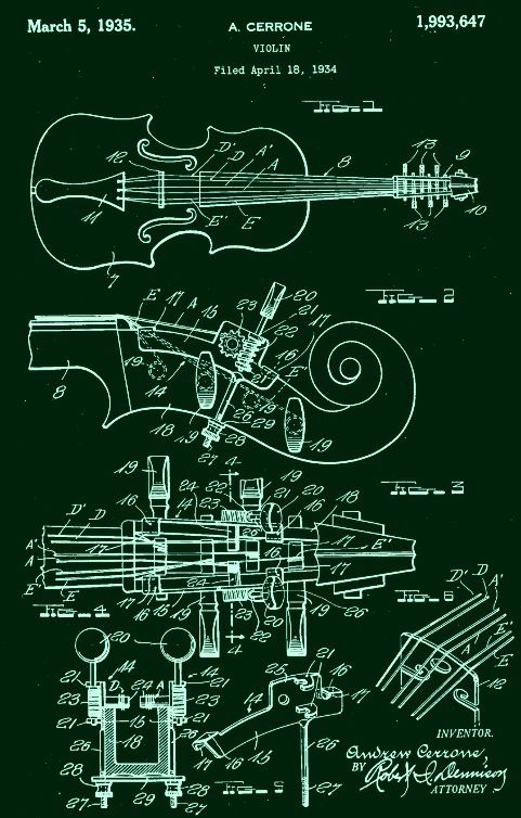 Patent drawing of a violin with detailed views, in white on a dark green background.