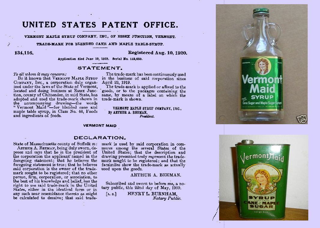 Patent document, Vermont Maid syrup bottle, and a tin can.