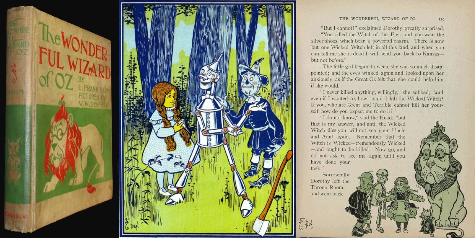 The Wonderful Wizard of Oz book with illustrations of characters like the Tin Man, Dorothy, and the Lion.